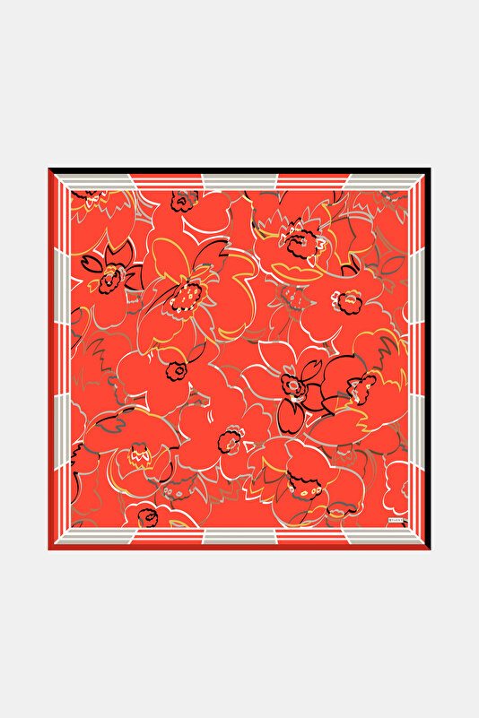 VERMILION FLORAL PATTERN TWILL SCARF