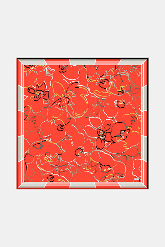 VERMILION FLORAL PATTERN TWILL SCARF
