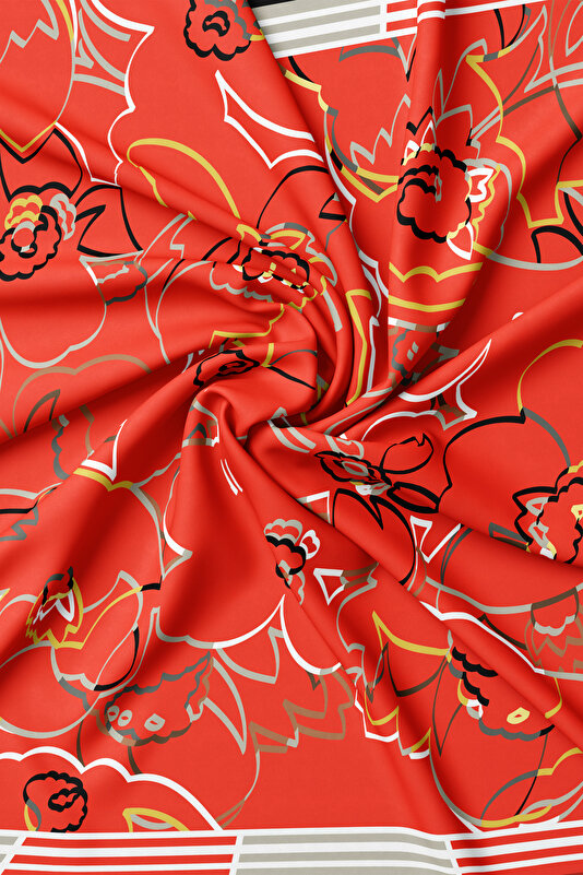 VERMILION FLORAL PATTERN TWILL SCARF 2