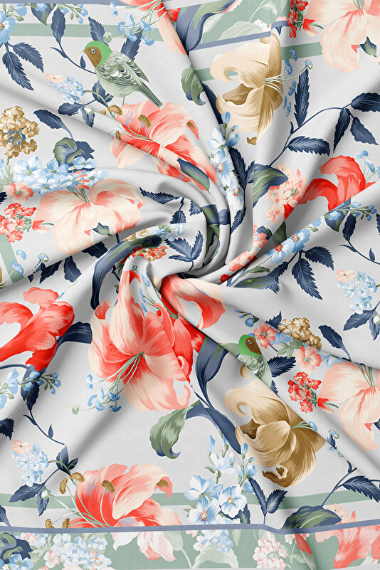NAVY BLUE FLORAL PATTERN TWILL SCARF 2