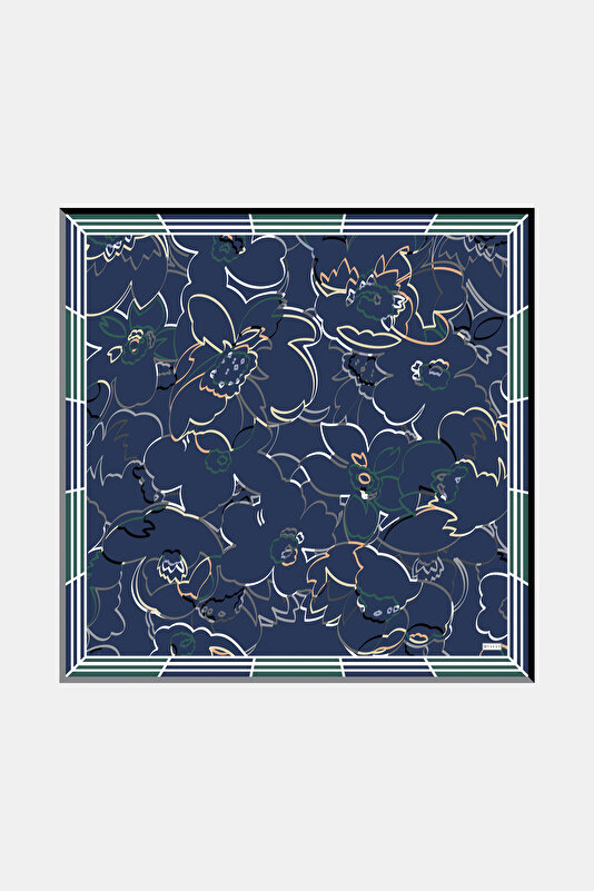 LACİVERT ÇİÇEK DESENLİ TWILL EŞARP