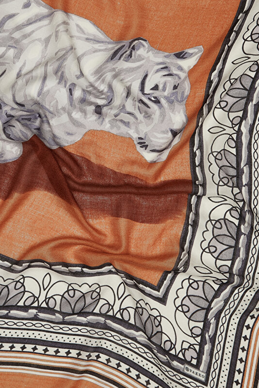 TAN ANIMAL FIGURED CASHMERE/SILK SHAWL 3