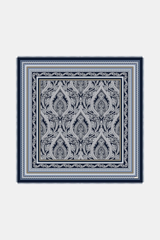 NAVY BLUE GEOMETRIC DESIGN WOOL/SILK SHAWL