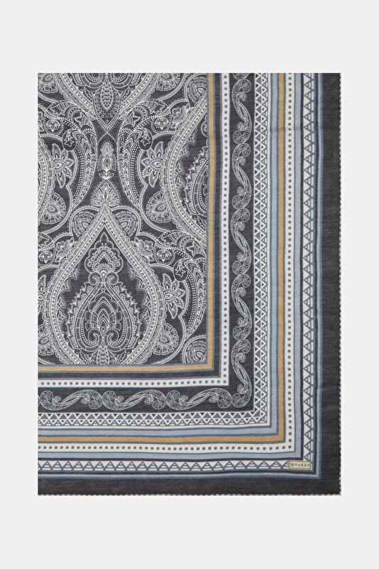 NAVY BLUE GEOMETRIC DESIGN WOOL/SILK SHAWL 2