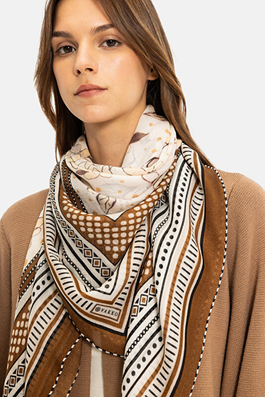 BROWN FLORAL PATTERN WOOL/SILK SHAWL