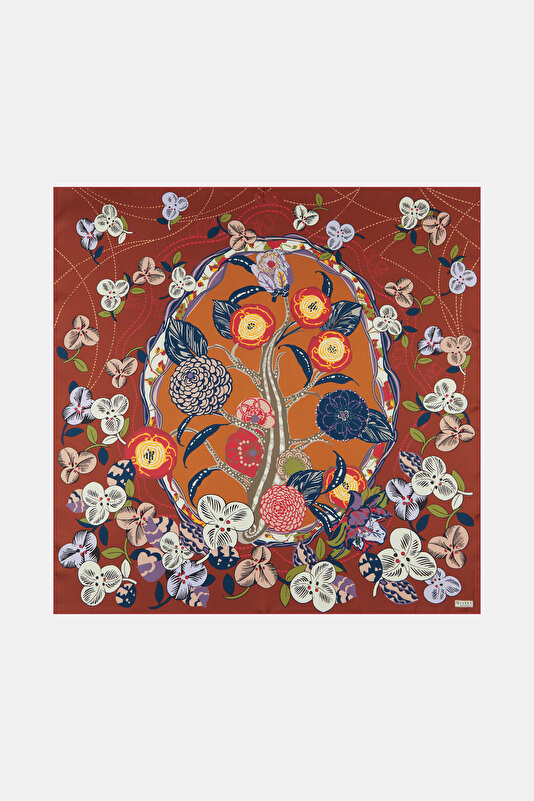 BROWN FLORAL PATTERN TWILL SCARF