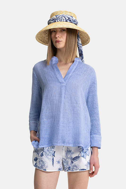 BLUE V NECK LONG SLEEVE BLOUSE