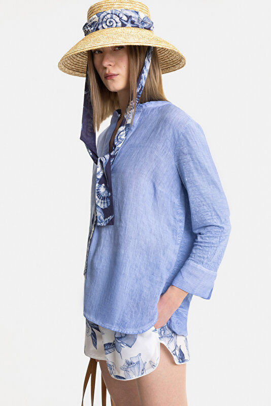 BLUE V NECK LONG SLEEVE BLOUSE 3
