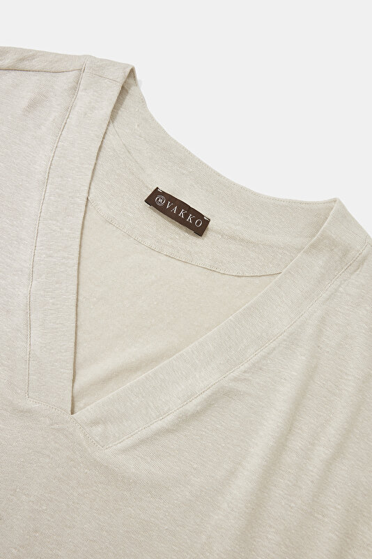 BEIGE V NECK OFF THE SHOULDER TSHIRT 3