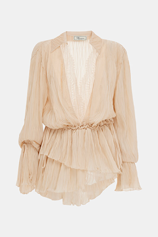 CREAM PLEATED MINI DRESS