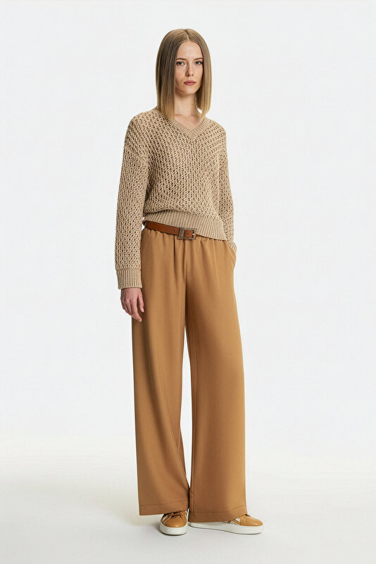 TAN WIDE LEG TROUSERS 4