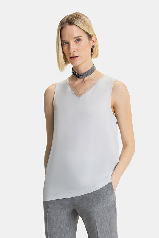 LIGHT GREY V NECK SLEEVELESS BLOUSE