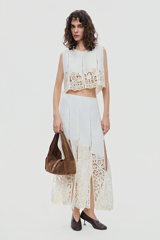 CREAM EMBROIDERED LINEN SKIRT