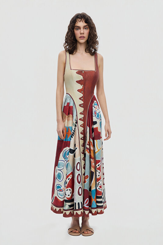 MULTICOLOR DESIGN FILLED MIDI DRESS