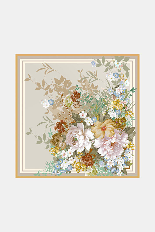 YELLOW FLORAL PATTERN TWILL SCARF