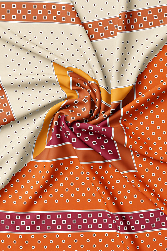TURUNCU GEOMETRİK DESENLİ TWILL İPEK EŞARP 2