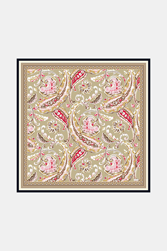 KOYU BEJ ŞAL DESENLİ TWILL İPEK EŞARP