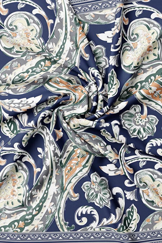 NAVY BLUE PAISLEY PATTERNED TWILL SCARF 2