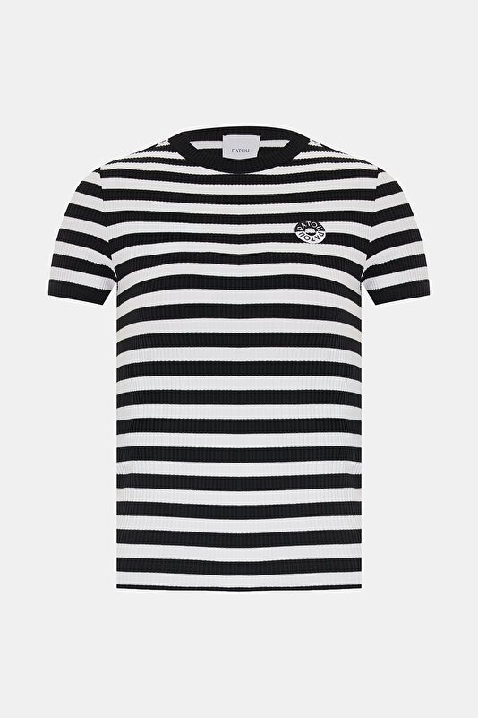 SİYAH BİSİKLET YAKA ÇİZGİLİ T-SHIRT