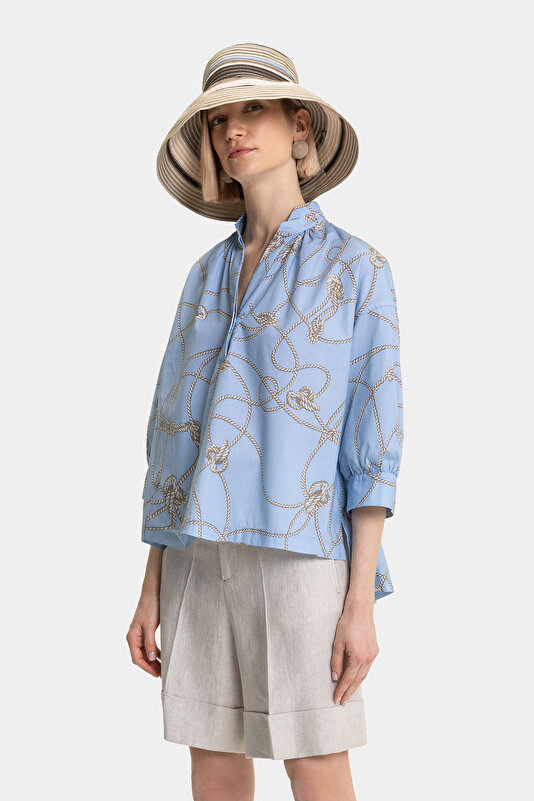 BEIGE MANDARIN COLLAR 3/4 SLEEVES BLOUSE