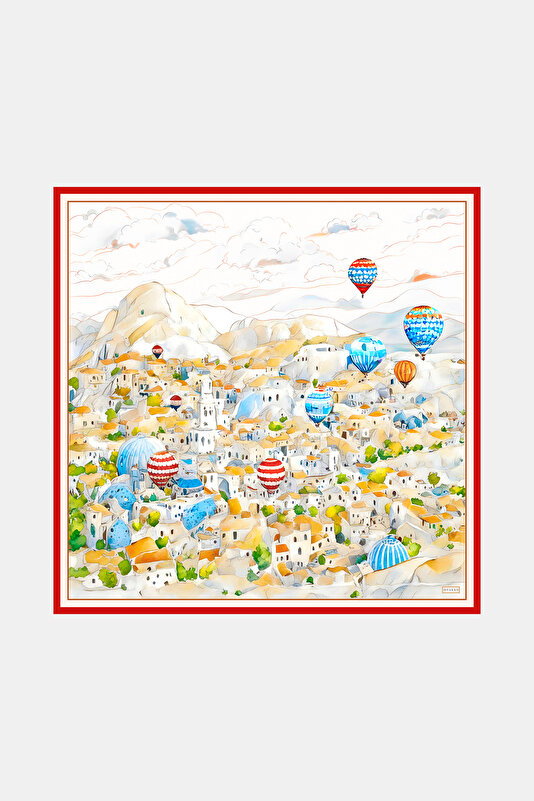 SARI MANZARA DESENLİ TWILL İPEK EŞARP