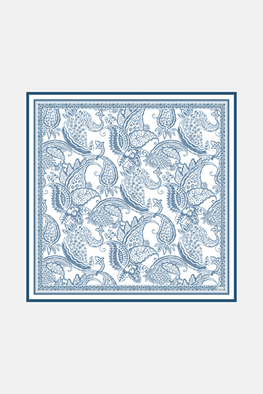 AÇIK MAVİ ŞAL DESENLİ TWILL İPEK EŞARP