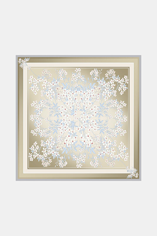 KOYU BEJ ÇİÇEK DESENLİ TWILL İPEK EŞARP