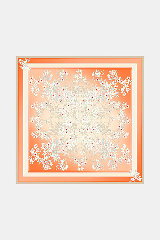 TURUNCU ÇİÇEK DESENLİ TWILL İPEK EŞARP