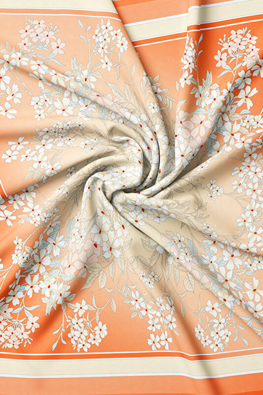 TURUNCU ÇİÇEK DESENLİ TWILL İPEK EŞARP 2
