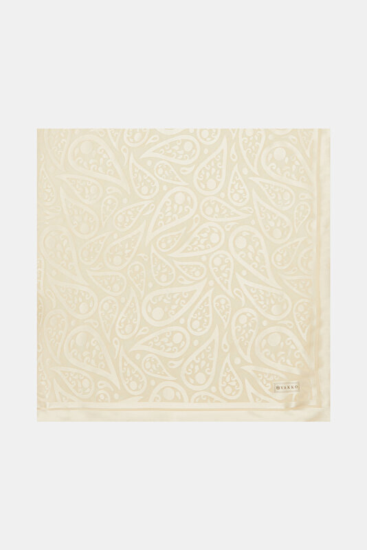 ECRU PAISLEY PATTERNED SATIN STRIPED SILK FABRICS SCARF