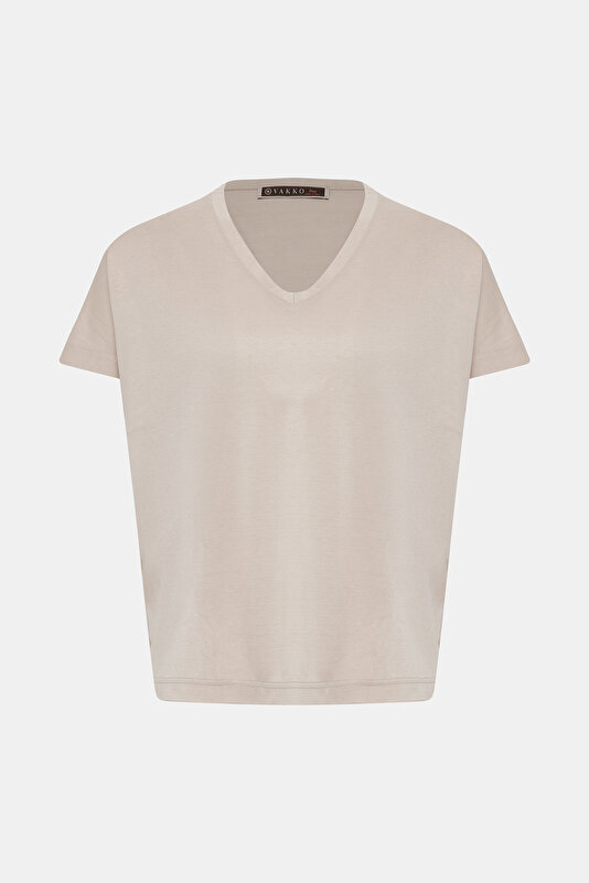 BEIGE V NECK SHORT SLEEVE TSHIRT 4