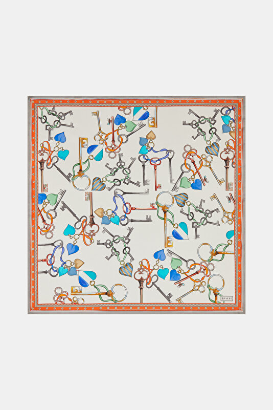 TURUNCU OBJE DESENLİ TWILL İPEK BANDANA