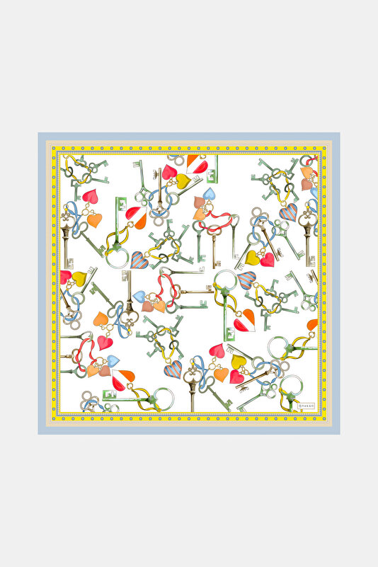 SARI OBJE DESENLİ TWILL İPEK BANDANA