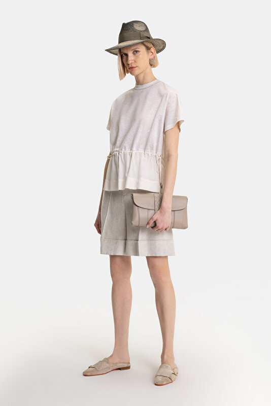 BEIGE BASIC / ROUND NECKLINE SHORT SLEEVE BLOUSE 4