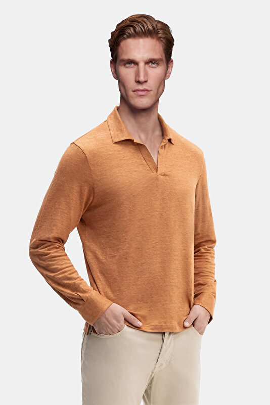 DÜĞMESİZ POLO YAKALI UZUN KOL KETEN TSHIRT