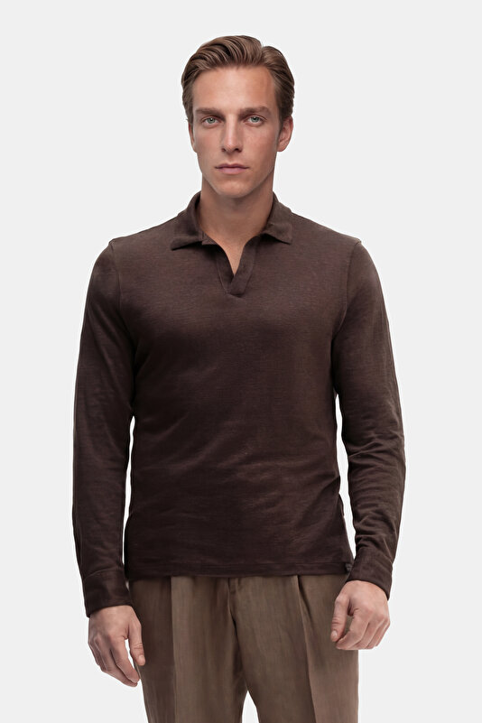 DÜĞMESİZ POLO YAKALI UZUN KOL KETEN TSHIRT