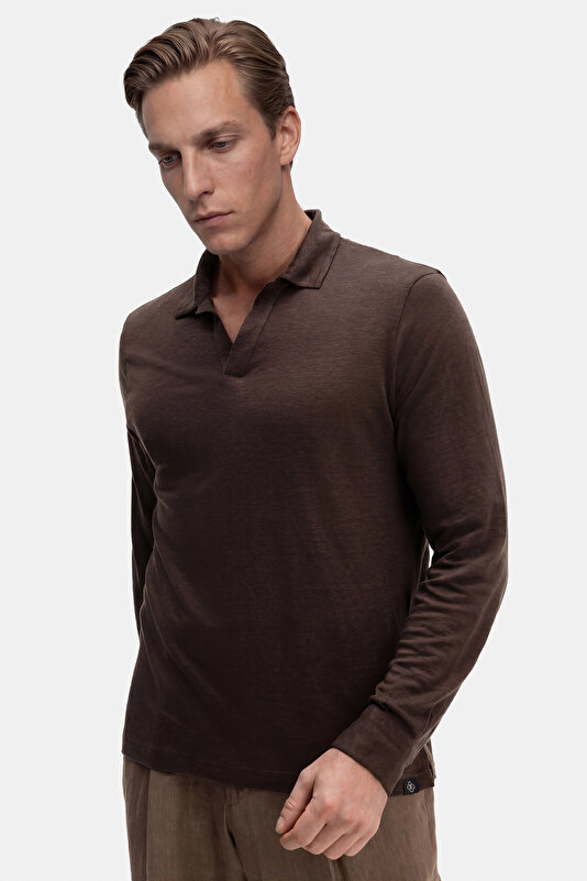 DÜĞMESİZ POLO YAKALI UZUN KOL KETEN TSHIRT 3