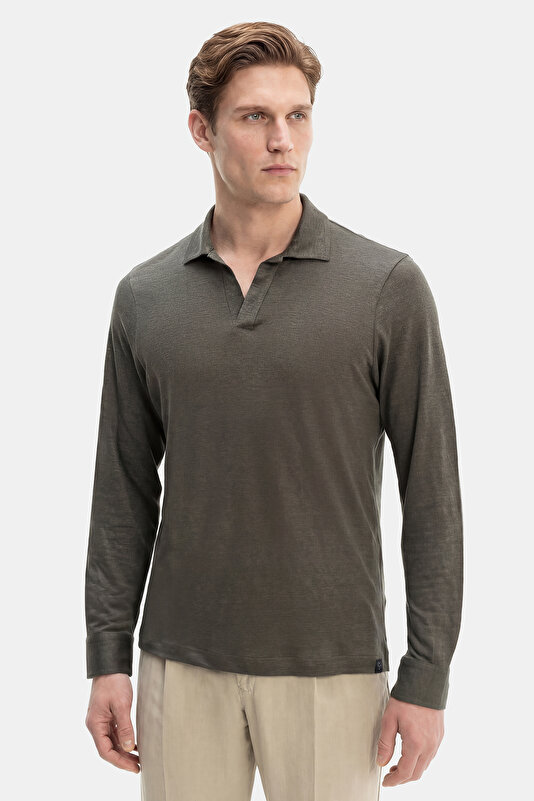 DÜĞMESİZ POLO YAKALI UZUN KOL KETEN T-SHIRT 3