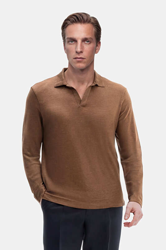 DÜĞMESİZ POLO YAKALI UZUN KOL KETEN T-SHIRT