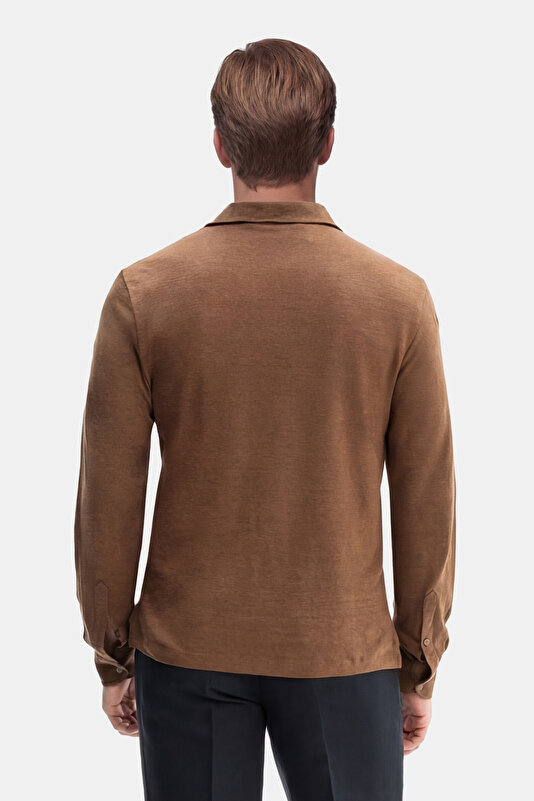 DÜĞMESİZ POLO YAKALI UZUN KOL KETEN T-SHIRT 2