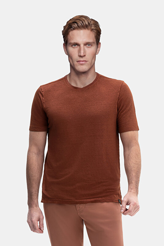 BİSİKLET YAKALI KISA KOL KETEN TSHIRT