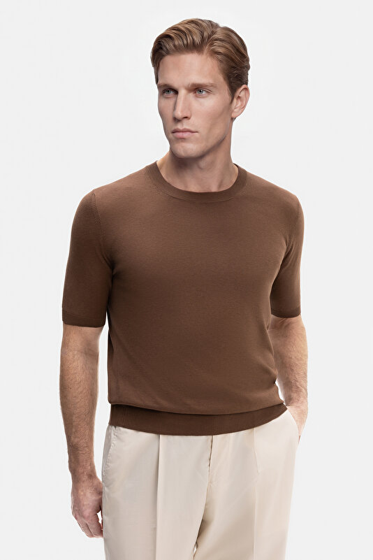 LIGHT BROWN BICYCLE COLLAR SHORT SLEEVE TSHIRT 3