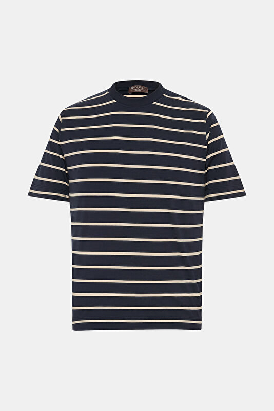 BİSİKLET YAKALI KISA KOL ENİNE ÇİZGİLİ T-SHIRT