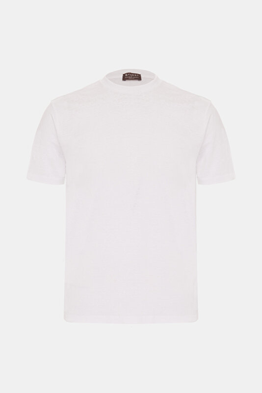BİSİKLET YAKALI KISA KOL LİKRALI KETEN T-SHIRT