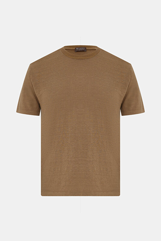 BİSİKLET YAKALI KISA KOL LİKRALI KETEN T-SHIRT