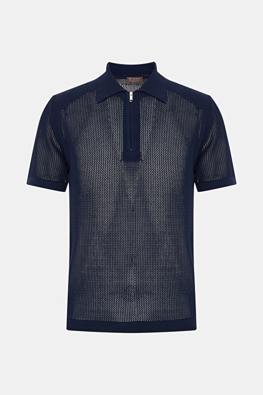 FERMUARLI POLO YAKA FİLE ÖRGÜ TRİKO T-SHIRT