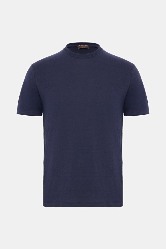 BİSİKLET YAKALI KISA KOL LİKRALI KETEN T-SHIRT