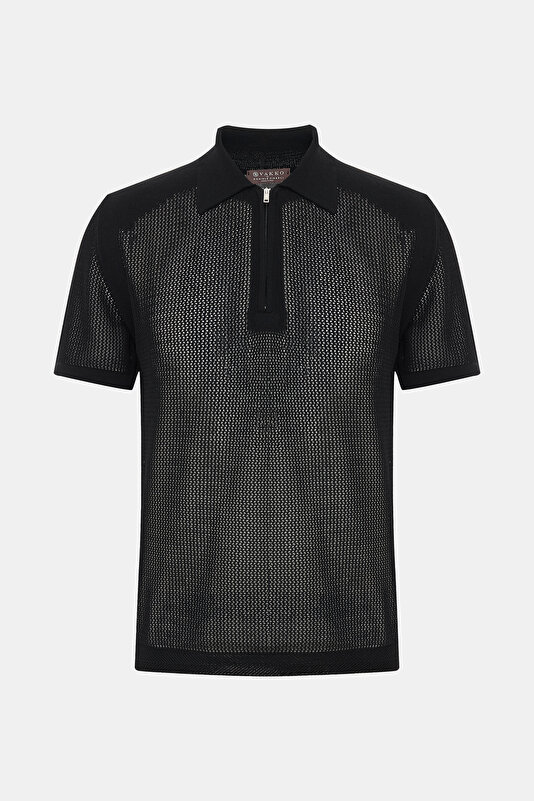 FERMUARLI POLO YAKA FİLE ÖRGÜ TRİKO T-SHIRT