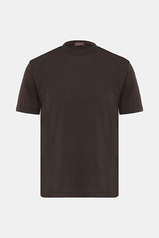 BİSİKLET YAKALI KISA KOL LİKRALI KETEN T-SHIRT