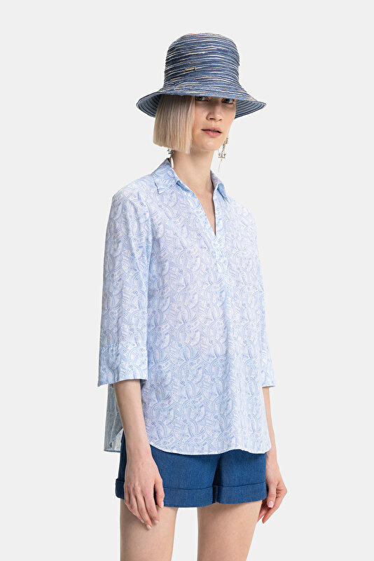 LIGHT BLUE POLO NECK 3/4 SLEEVES BLOUSE